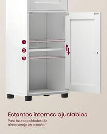 VASAGLE Mueble Baño, Armario Baño, Armario Alto, Compartimento Abierto, Puerta de Cristal, Estrecho, con Patas, Estantes Regulables en Altura, Ahorro de Espacio, Blanco Nube - Blanco - Ver 4