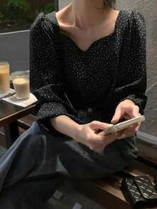 Polka Dot Minimalist Versatile Daily Women Shirt - Black - View 3