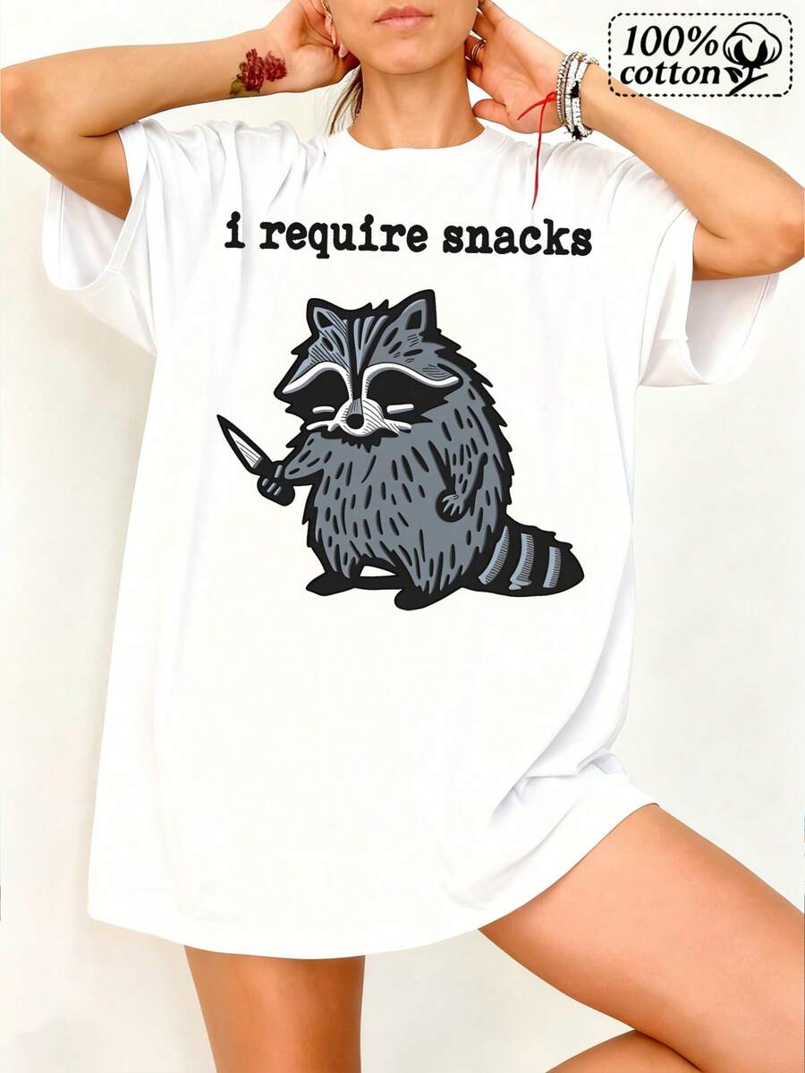 Casual Women's Cotton Round Neck Short Sleeve T-Shirt With Raccoon Graphic Print And I Require Snacks Slogan Regular Length Drop Shoulder Top - trắng - Xem 1