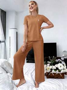 Set de 2 piezas para mujer con camiseta de manga corta de unicolor y pantalones con cordón en la cintura, estilo casual - café - Ver 3