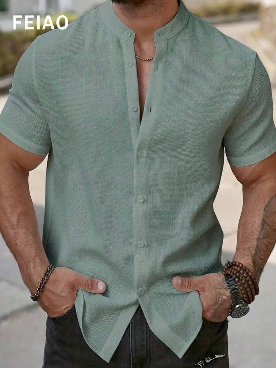 Áo Polo nam tay ngắn kẻ caro xám xanh kiểu dáng retro vintage FEIAO, cài cúc phía trước, họa tiết hình đồng xu. - xanh xám - Xem 1