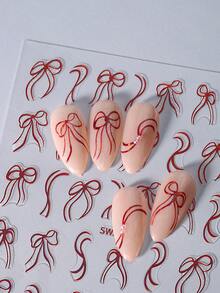 2片红色闪光蝴蝶结美甲贴纸，不对称闪亮蝴蝶结线条亚克力美甲贴花，自粘式DIY美甲装饰，适合女性、女孩、情人节、婚礼、节日美甲 - 紅色 - 查看 6