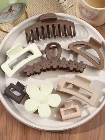 Set de 8 piezas de accesorios para el cabello en tonos marrones minimalistas - Pasadores, flor, barrette, cuadrado, semicírculo, cruzado, versátiles para uso diario, pinzas elegantes de otoño/invierno para el cabello casual