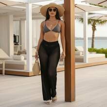 Knitted Beach Cover-Up Pants With Adjustable Waist, Pool Sarong - Black - View 7
