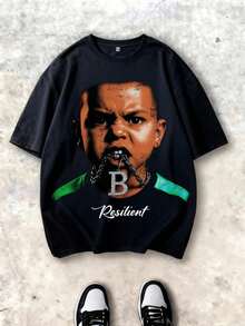 夏季休闲运动T恤，男女童款，薄款圆领短袖，印花图案大而醒目，舒适百搭，弹性十足，柔软亲肤，涤纶混纺面料。 - 黑色 - 查看 1