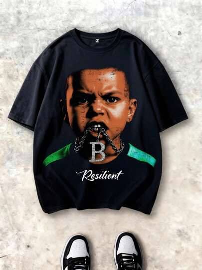 Summer Casual Sports Tee For Men & Kids, Thin Round Neck Short Sleeve T-Shirt With Large Graphic Print, Comfortable, Versatile, Elastic, Soft, Polyester Blended Fabric