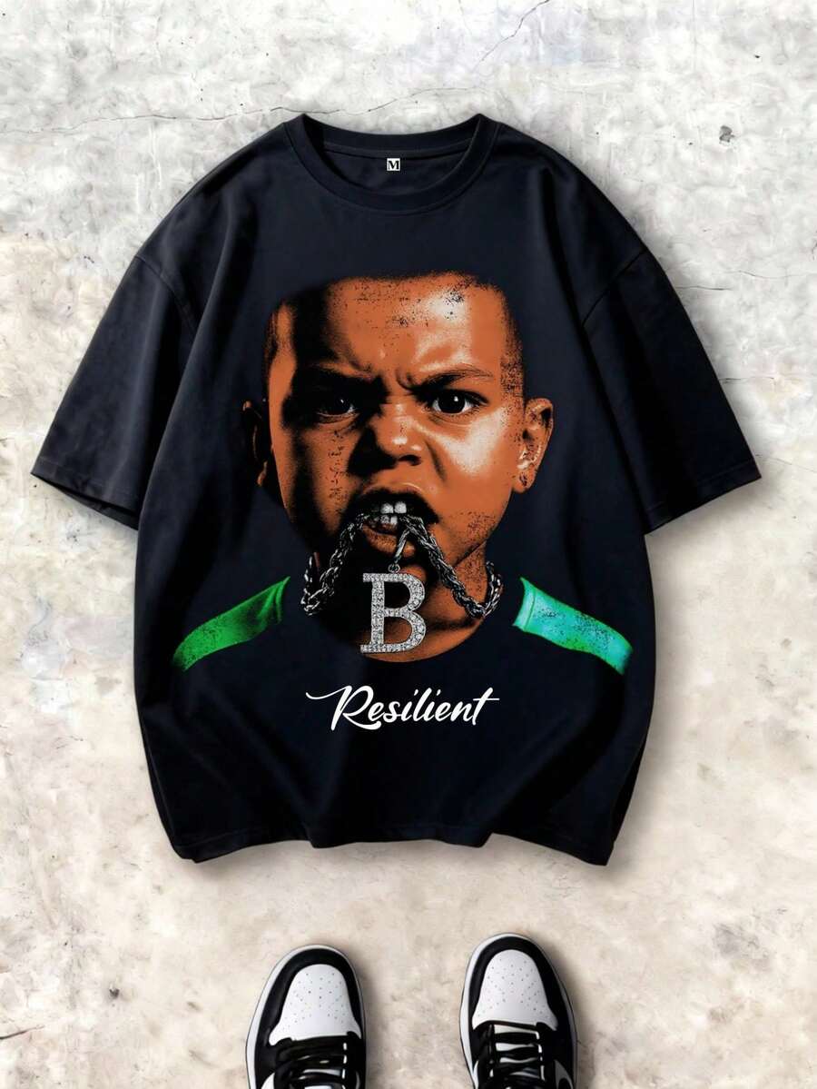 夏季休闲运动T恤，男女童款，薄款圆领短袖，印花图案大而醒目，舒适百搭，弹性十足，柔软亲肤，涤纶混纺面料。 - 黑色 - 查看 1