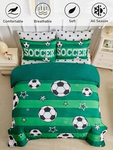 2/3pcs Set Green Football Sports Pattern Digital Print Duvet Cover Set, Modern Cartoon Children & Teens Bedding Set, Soft & Breathable, Machine Washable, All Season, (1 Duvet Cover + 1/2 Pillowcase, Excluding Filler)