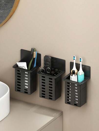 壁挂式牙刷牙膏架，无需钻孔，适用于浴室厨房，可收纳牙刷、牙膏、梳子、剃须刀、卷发棒、直发器、筷子、勺子、叉子等，多功能收纳整理架，浴室配件，浴室装饰，家居收纳，家居装饰