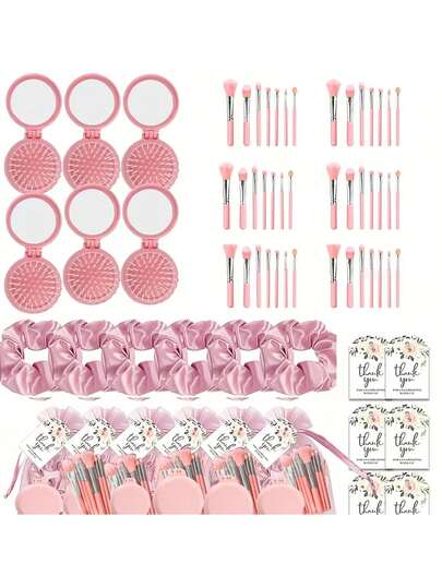 4pcs/Set Pink Wedding Party Cushion, Comb, Makeup Brush Gift Set: Including Pink Makeup Brush, Thank You Card, Mirror With Comb, Pink Hair Tie And Organza Bag. Ideal For Bridesmaids, Ladies Birthday Party, Pajama Party, Bridal Shower Gift Set, Wedding Decor, Portable Makeup Mirror, Wedding Favor Set