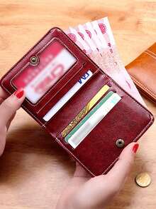 Short Clover Small Wallet For Women, Thin Multi-Card Slots Fold-Over Large Capacity Leather Coin Purse, Card Case - Burgundy - View 3