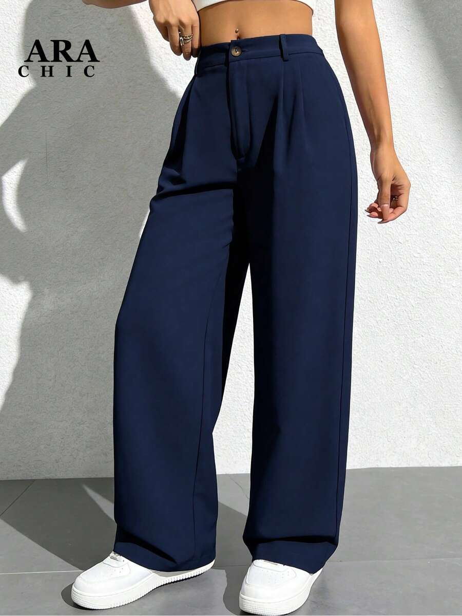 ARA CHIC marinblå, avslappnade raka dambyxor med draperande effekt, hög midja, bantande och vida ben, avslappnad stil, lämplig för pendling, vårnyhet 2026 - Marinblå - Visa 1