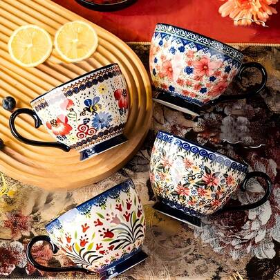 1pc Large 18oz/510ml Bohemia Ceramic Breakfast Flower Cup, Vintage Floral Cup, Big Tea Cup,Coffee Cup For Office And Home, Dishwasher And Microwave , Hand-Painted Colorful Flowers