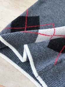 1pc Rhombus Colorblock Retro Round Neck Knit Top, Geometric Design Sleeveless Knitted Vest For Women - Dark Grey - View 5