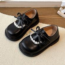 1双时尚儿童平底鞋，简约蝴蝶结设计，女童校园休闲皮鞋 - 黑色 - 查看 7