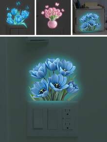 BRUP 1 张夜光蓝色花朵开关贴纸，3D 夜灯花朵，装饰发光贴纸，适用于灯开关面板，可移除即撕即贴墙贴，神秘花园主题装饰 - 彩色 - 查看 1