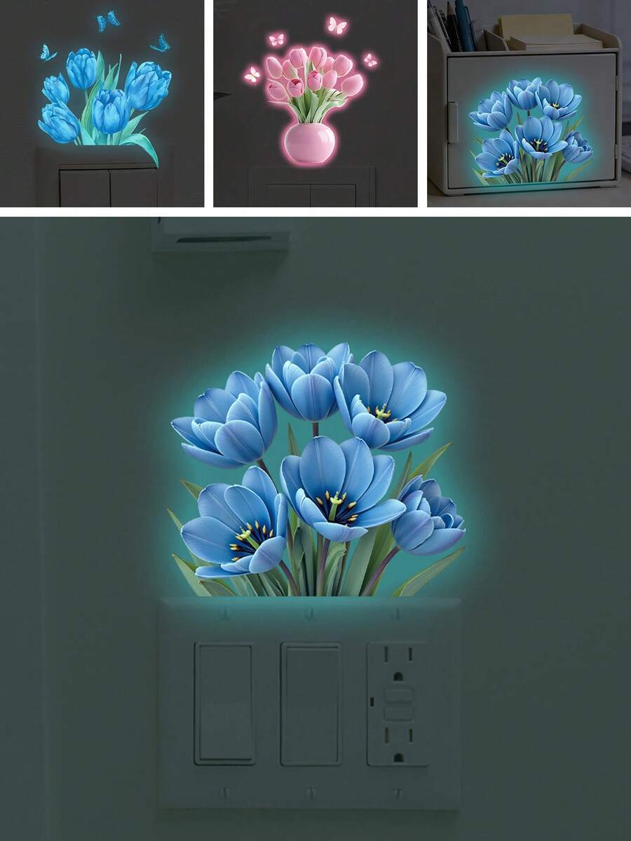 BRUP 1 张夜光蓝色花朵开关贴纸，3D 夜灯花朵，装饰发光贴纸，适用于灯开关面板，可移除即撕即贴墙贴，神秘花园主题装饰 - 彩色 - 查看 1