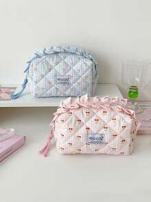 Personalized Custom New Ins Style Lace Plaid Makeup Bag Travel Portable Cosmetics Storage Bag Large Capacity High-Quality Wash Bag