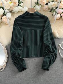 Camisa de mujer de manga larga a rayas, de solapa y abotonada, de uso versátil y casual para primavera - Verde militar - Ver 2