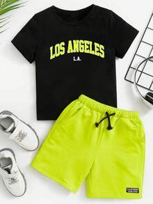 Bộ áo thun ngắn tay và quần short in chữ cho bé trai tuổi teen - màu đen - Xem 1