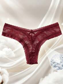 性感低腰蕾丝交叉带隐形透气红色镂空丁字裤欧美风内衣
