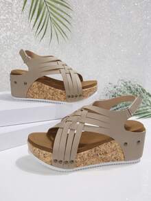 1 Pair Solid Color Vacation Beach Casual Woven Rivet Hollow Lightweight Casual Hook And Loop Outdoor Office Vacation Summer Plus Size Wedge Thick Bottom Sandals - Beige - View 7