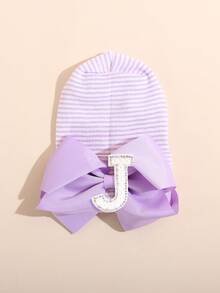 1顶新生儿毛线帽，带珍珠字母和大蝴蝶结，柔软弹力条纹针织帽，适合日常佩戴、拍照和作为婴儿礼物 - 淺紫色 - 查看 14