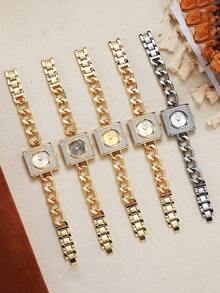 1pc/Set Square Fully Rhinestone Women's Bracelet Watch, Gold Thick Chain Paved Diamond Quartz Watch, Luxury Fashion Suitable For Women's Daily Wear Or Gift, Christmas, Valentine's Day, Ramadan, Eid, Carnival - one-size - View 7