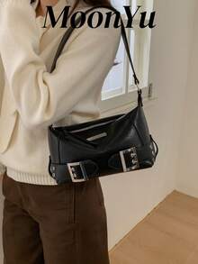 Women's Fashionable Personalized Punk Street Crescent Underarm Bag, Black PU Leather Shoulder Bag - Black - View 1