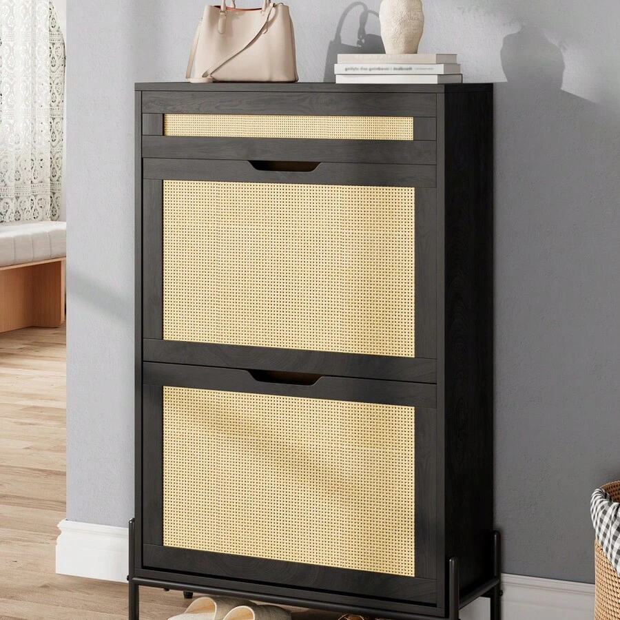 Zapatero de Ratán Slim con Almacenamiento Oculto de 2 Puertas Abatibles, Estantes Regulables, Mueble Independiente para Salón y Entrada - Negro - Ver 1