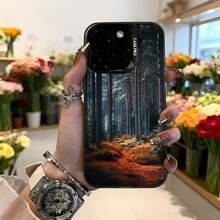 Cubierta de telefono con diseño de bosque oscuro y hojas rojas negra para iPhone 14 Pro Max funda protectora con impresion natural de arboles y sendero en bosque ideal para amantes de la naturaleza y estilo elegante,Aplicable a los teléfonos de la serie Apple y Galaxy - Blanco - Ver 1