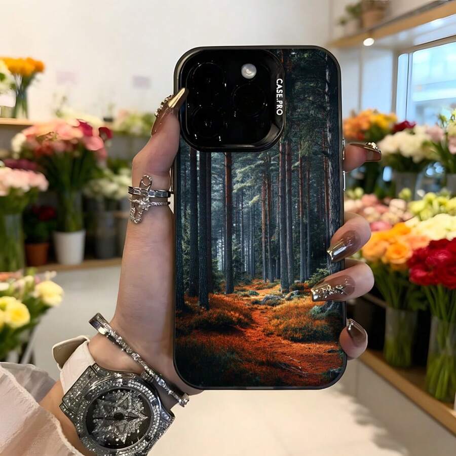 Cubierta de telefono con diseño de bosque oscuro y hojas rojas negra para iPhone 14 Pro Max funda protectora con impresion natural de arboles y sendero en bosque ideal para amantes de la naturaleza y estilo elegante,Aplicable a los teléfonos de la serie Apple y Galaxy - Blanco - Ver 1