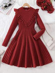 女士/女孩优雅简约针织高领长袖连衣裙，休闲百搭，秋冬季 - 紅色 - 查看 2