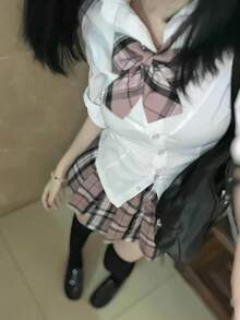 1 Set Japanese School Uniform Style White Long Sleeve Blouse & Plaid Skirt, Student Autumn/Winter Outfit - Multicolor - View 5