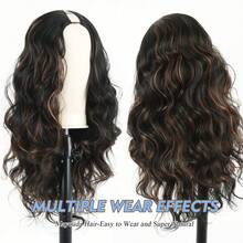 V Part Body Wavy Wig With Black Long With Highlight Brown Upgrade U Part Synthetic Water Wavy Wigs For Women Clip In Hair Glueless Synthetic Wigs (Brown Mix Black ) - 1B/30/350 - 查看 6