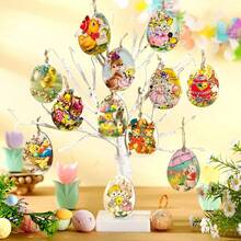 36 Pcs Easter Wooden Egg Ornaments 2D Flat Cute Bunny Chick Wood Slices With Rope Spring Tree Hanging Decoration For Home Holiday Party Decor - Nhiều màu - Xem 3