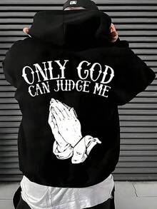 Men's Christian Faith Hooded Sweatshirt With Only God Can Judge Me Printed On The Back And Prayer Hand Design-Hoodie With OF A LOVING GOD Print-Unisex - 黑色 - 查看 2