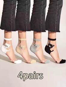 4-Pairs Women's Short Socks - Cute Cartoon Cat Illustrations, Ultra-Thin & Breathable, Mixed Colors (White/Beige/Gray/Black) For Everyday Casual & Outdoor Wear, Cute Socks, Playful Attire, Playful Design, Versatile Sock Styles, Durable Sock Fabric, Breathable Material - Multicolor - View 7
