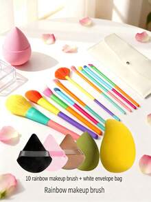 15-Piece Makeup Brush Set, Including 10 Ultra-Soft Dopamine Rainbow Makeup Brushes, 1 Mango Beauty Sponge, 1 Water-Drop-Shaped Beauty Sponge, 3 Triangular Makeup Puffs, And 1 Storage Leather Bag. The Red Brush Handle Is Made Of Crystal Velvet, Soft And Highly Adhesive. It Is Suitable For Professional Makeup Tools Such As Makeup Brushes For Foundation, Powder, Eye Shadow Blending, Etc. - Multicolor - View 1