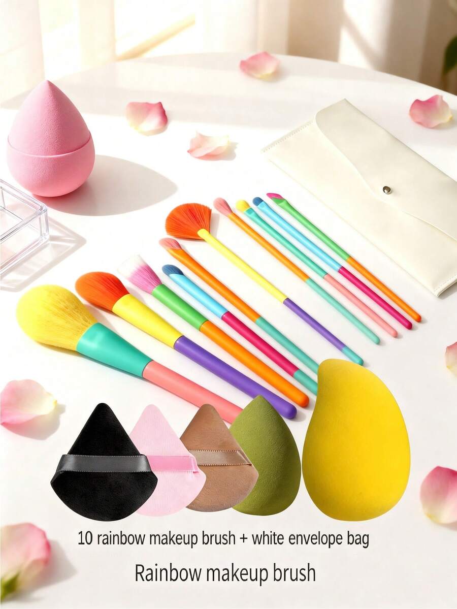15-Piece Makeup Brush Set, Including 10 Ultra-Soft Dopamine Rainbow Makeup Brushes, 1 Mango Beauty Sponge, 1 Water-Drop-Shaped Beauty Sponge, 3 Triangular Makeup Puffs, And 1 Storage Leather Bag. The Red Brush Handle Is Made Of Crystal Velvet, Soft And Highly Adhesive. It Is Suitable For Professional Makeup Tools Such As Makeup Brushes For Foundation, Powder, Eye Shadow Blending, Etc. - Multicolor - View 1
