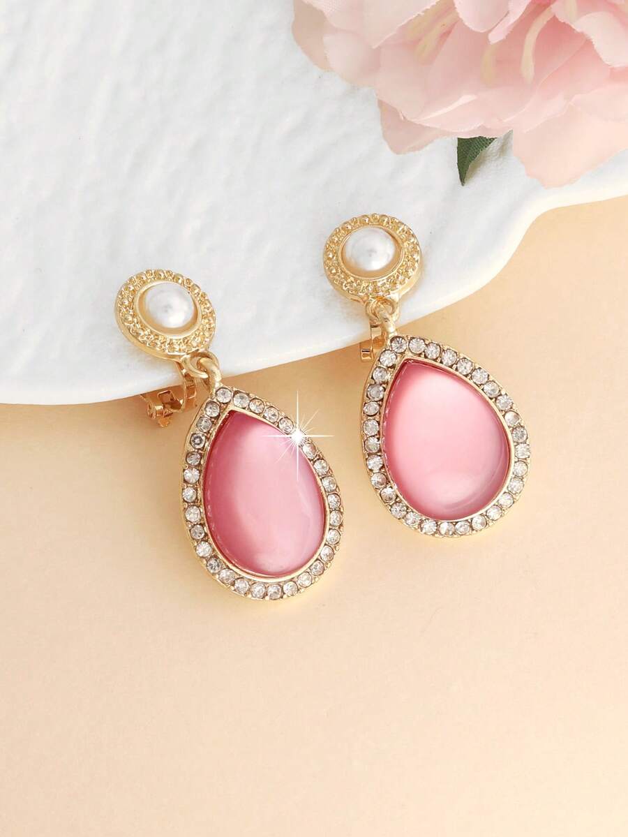 1 paire de boucles d'oreilles à clip en forme de goutte d'eau rose, à la mode et mignonnes, parfaites pour un usage quotidien et les voyages. - Taille Unique - Voir 1