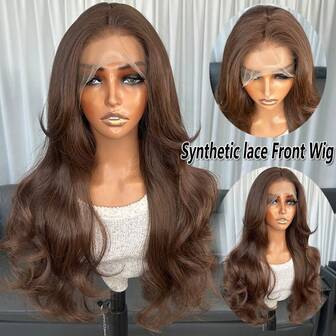 Peluca sintética de encaje frontal marrón de 13x4 pulgadas, cabello Kanekalon Futura para mujeres de 22 pulgadas de largo, ondas corporales onduladas, sin pegamento, resistente al cabello sintético Kanekalon, de libre separación, con una densidad del 150% para uso diario de mujeres, peluca sintética suave y de aspecto natural, fácil de instalar y quitar para principiantes