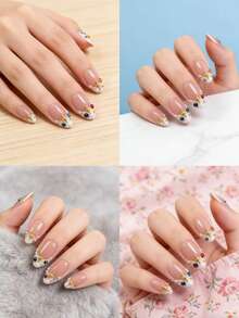 10片装手工短款压制假指甲套装，优雅简约风格，甜美少女美甲设计，杏仁形短款设计，美白压制效果，可重复使用亚克力手工压制假指甲，装饰用途，彩色水钻点缀，包含1个迷你指甲锉和1个自粘标签。 - 彩色 - 查看 3