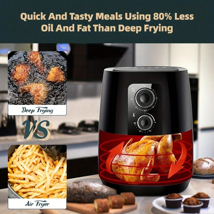 1台4.2夸脱（约4.9升）健康无油空气炸锅，电动蔬菜空气炸锅，操作简便，旋钮控制，可进行煎、烤、炙、烘焙等多种烹饪方式，配有托盘和食物夹。 - 美規A型插(110-127V) - 查看 1