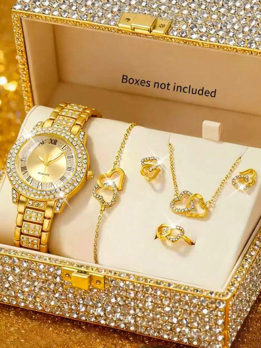 6pcs Ladies' Elegant Retro Style Alloy Quartz Watch Set, Rhinestones, Roman Numerals. Bohemian Style. Suitable For Daily Wear And Party Attire. Birthday Gifts, Holiday Gifts, Etc. - Gold - View 1