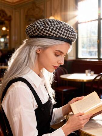 1pc Women's Houndstooth PU Trim Korean Style Newsboy Cap, Casual For Daily Wear, Shopping, Traveling