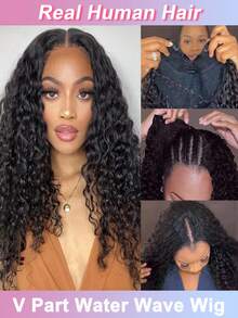 V Part Human Hair Wig Water Wave Thin Part Glueless Clip In Half Wigs 150% Density Curly V Shape Clip In Half Wig Beginner Friendly Water Curly Brazilian Virgin Human Hair Wigs - SNatural - View 2