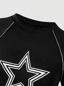 Teen Girl Casual Fashion Street Style Star Print Contrast Piping Raglan Short Sleeve T-Shirt And Wide Leg Pants Set, Spring/Summer/Autumn - Black - View 3