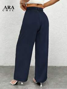 ARA CHIC marinblå, avslappnade raka dambyxor med draperande effekt, hög midja, bantande och vida ben, avslappnad stil, lämplig för pendling, vårnyhet 2026 - Marinblå - Visa 2