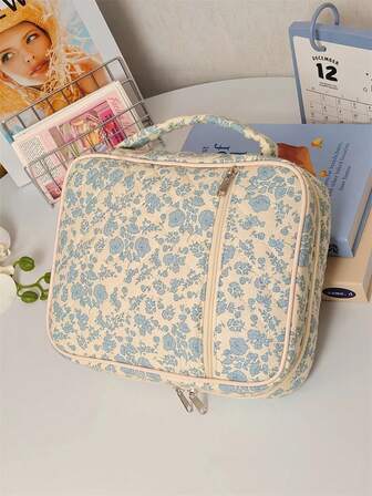 Bolsa de almacenamiento de cosméticos con diseño de flores, de varios compartimentos, de gran capacidad, con cierre de cremallera y asa, de estilo práctico y elegante, esencial para mujeres